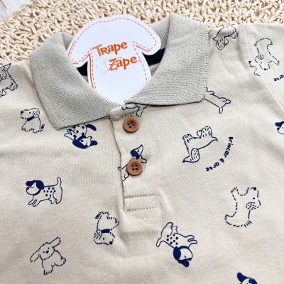 Conj. Camiseta Gola Polo Happy Friend e Bermuda - Areia e Marinho